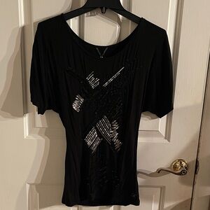 BKE Black Short Sleeve Top with Silver Sequin Design